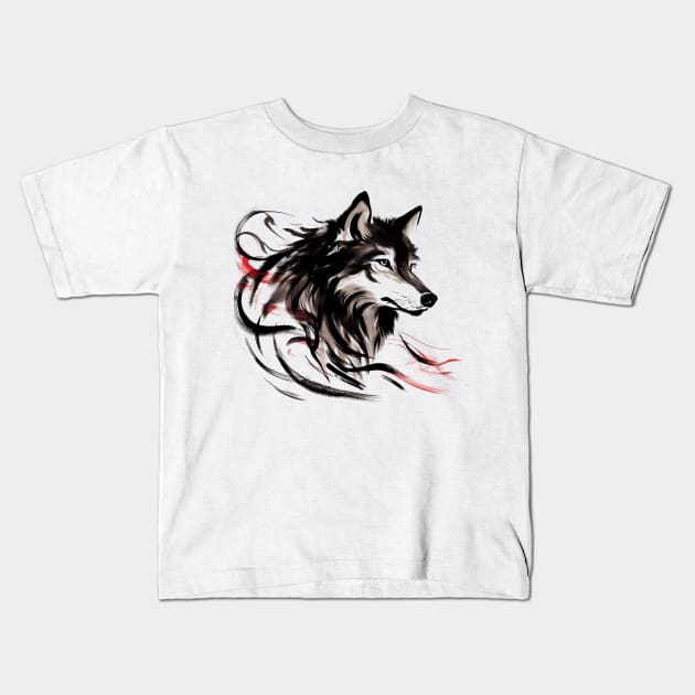 Chinese Style Ink Wolf Kids T-Shirt by T-Shirt Paradise